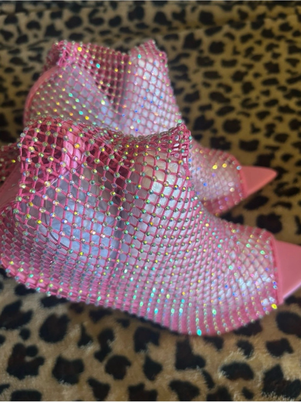 Gorgeous Pink Rhinestone Mesh Peep-Toe Stiletto Booties - Picture 3 of 9